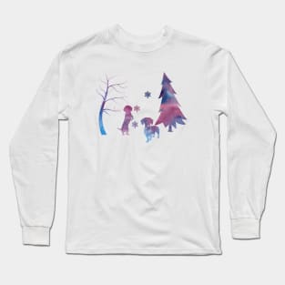 Dachshund Winter Forest Art With Snowflakes Long Sleeve T-Shirt